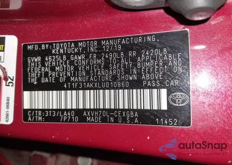 2020 Toyota Camry Xle Hybrid from USA, damaged, VIN 4T1F31AKXLU010860